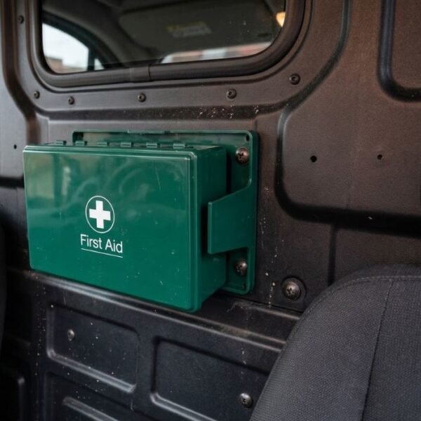 Vehicle Mounted 30pc First-Aid Box & Bracket, for tradesmen, taxi, lorry, trailer