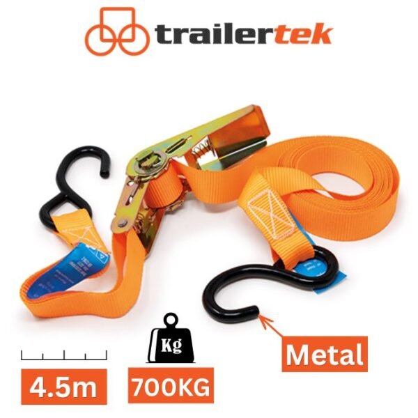 Motorbike Trailer Ratchet Strap 700Kg & Hooks 4.5m with heavy duty S Hook Orange